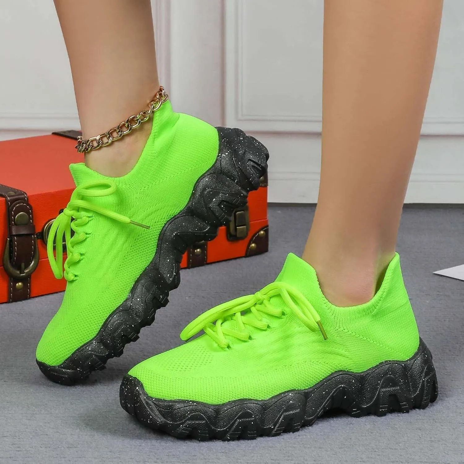 Platform Sneakers for Women Ladies Fashion Chunky Comfortable Casual Sneaker Slip on Tennis Walking Athletic Shoes Breathable Hands-Free Shopping Travel Mesh Gym Shoes
