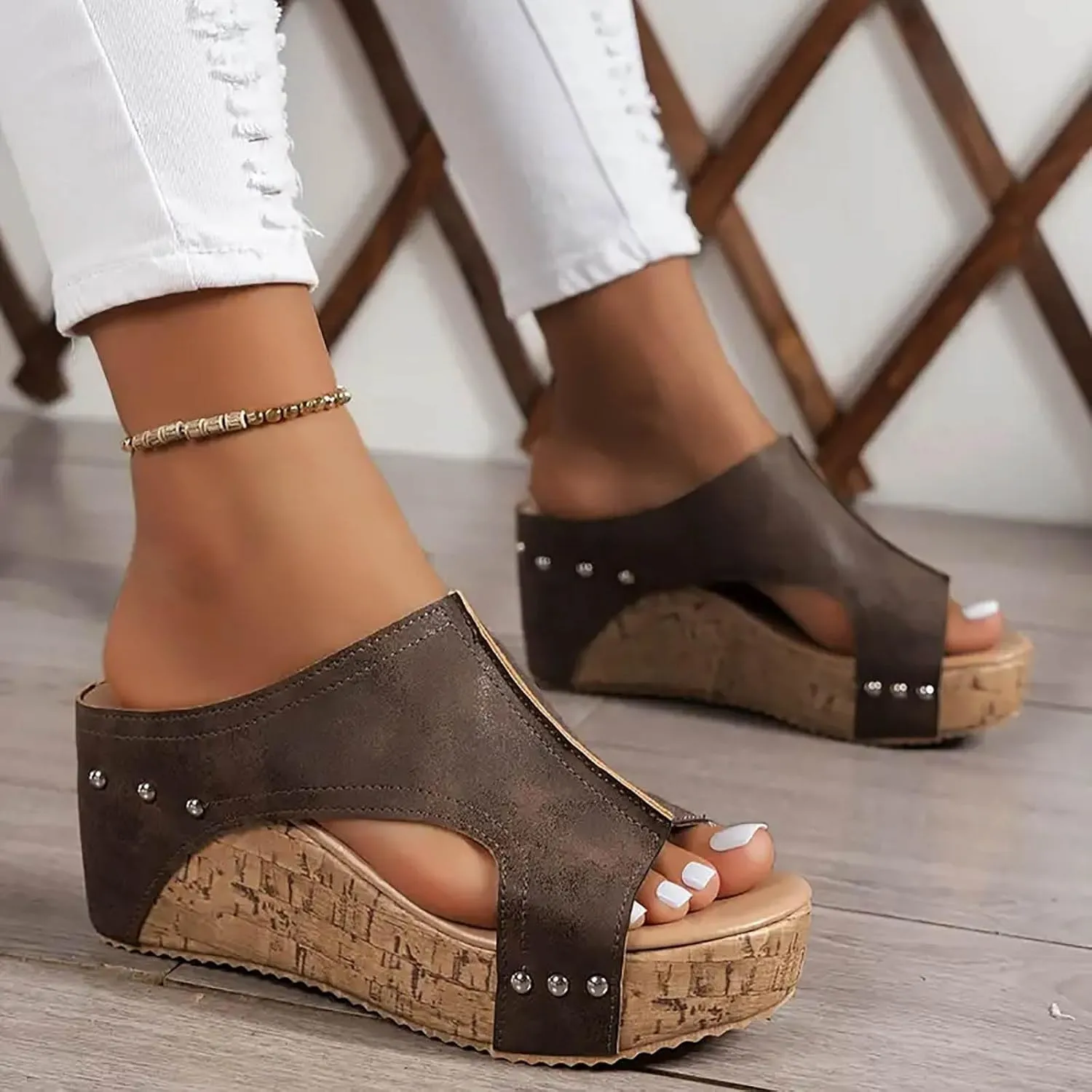Platform Wedge Sandals for Women 2025 Comfortable Open Toe Thick Sole Comfy Leather Sandals Orthopedic Wedges Ladies Shoes Slip on Slides Low Heel Open Toe Ankle Strap Sandal 2025