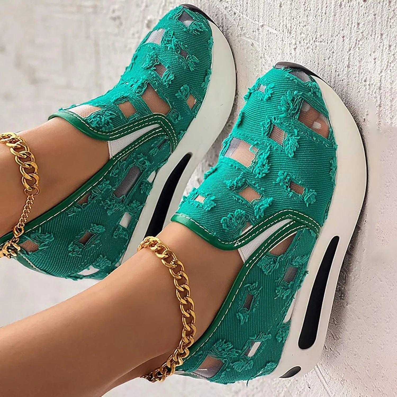 Platform Wedge Sneakers for Women Mesh Floral Embroidery Breathable Walking Shoes Air Comfort Chunky Slip On Arch Support Work Shoes