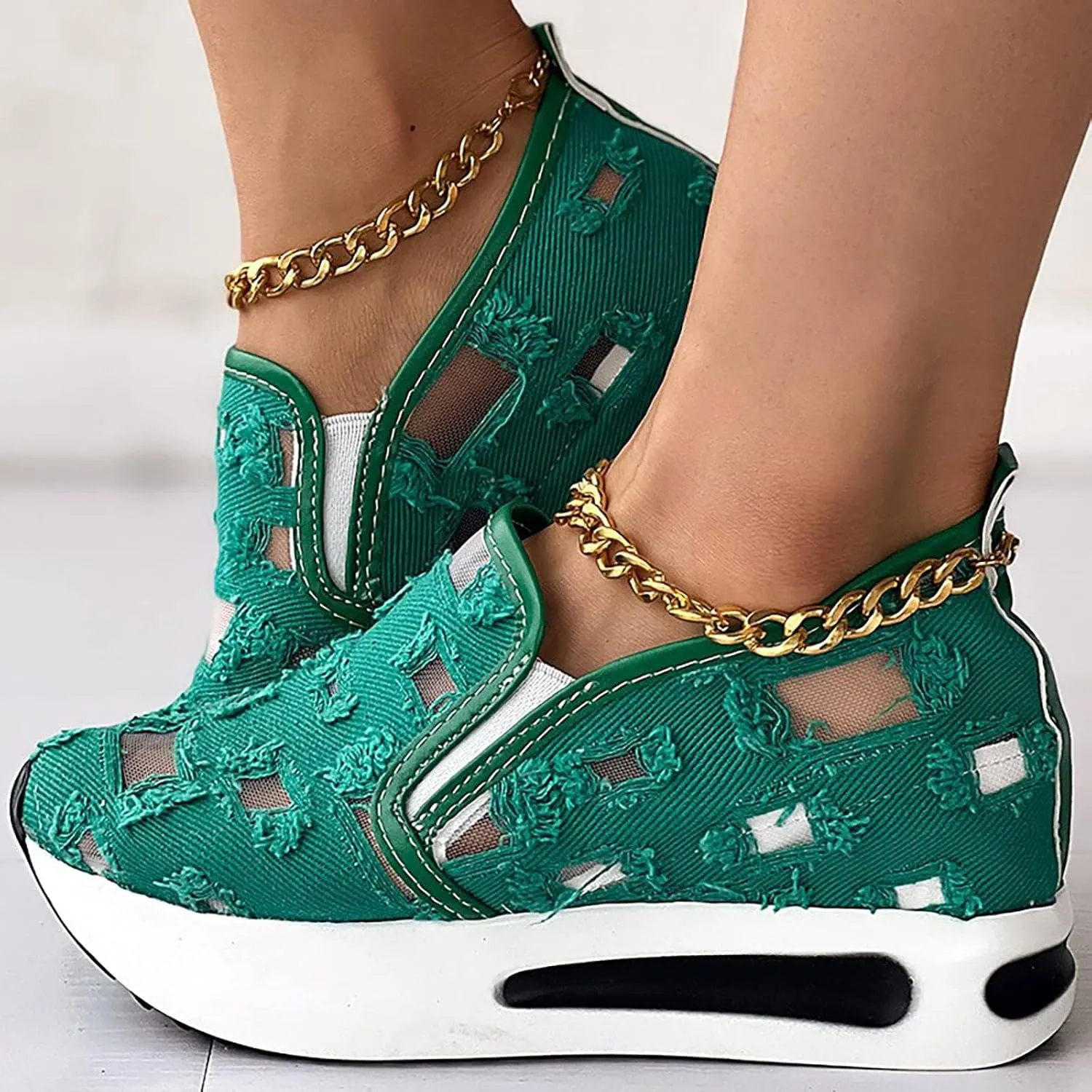 Platform Wedge Sneakers for Women Mesh Floral Embroidery Breathable Walking Shoes Air Comfort Chunky Slip On Arch Support Work Shoes