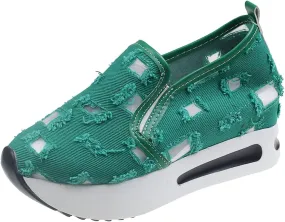 Platform Wedge Sneakers for Women Mesh Floral Embroidery Breathable Walking Shoes Air Comfort Chunky Slip On Arch Support Work Shoes