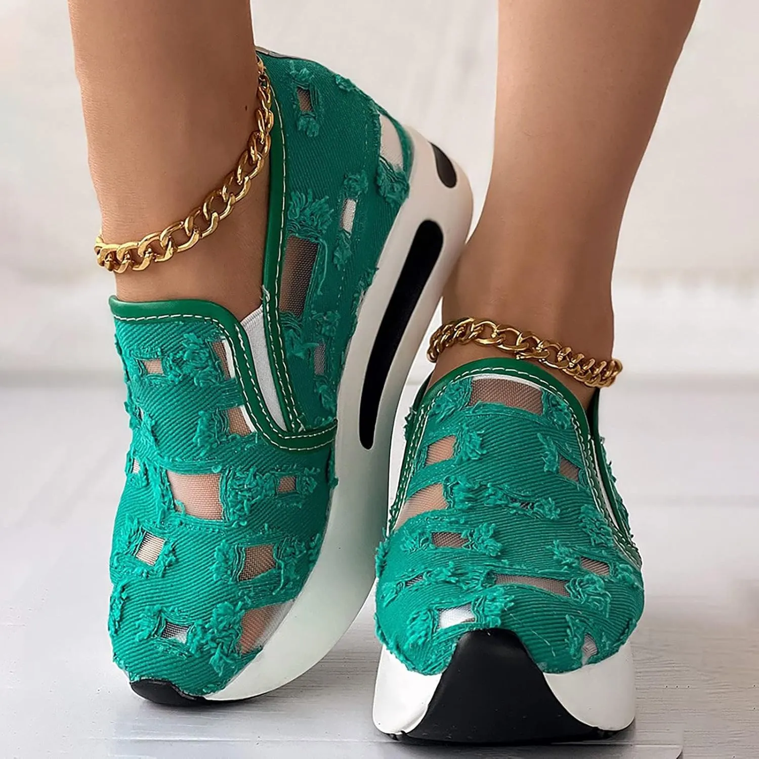 Platform Wedge Sneakers for Women Mesh Floral Embroidery Breathable Walking Shoes Air Comfort Chunky Slip On Arch Support Work Shoes