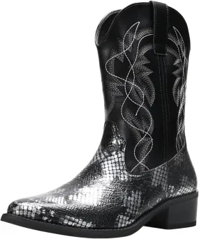 Python Manning Men's Boots Cowboy for Men Classic Pointed Toe Western Pull Up Snakeskin Embroidered Mid-Calf Boots
