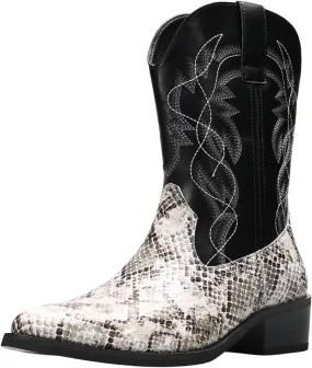 Python Manning Men's Boots Cowboy for Men Classic Pointed Toe Western Pull Up Snakeskin Embroidered Mid-Calf Boots