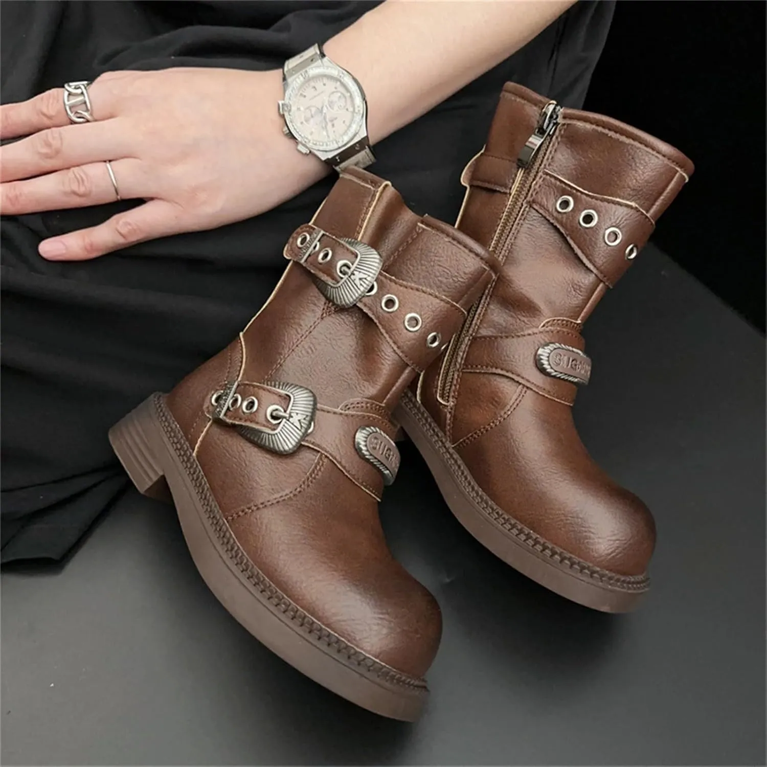 Retro Mid Calf Boots for Girls Big Kids Cowboy Shoes Classic Low Heel Buckles Biker Riding Booties with Zipper