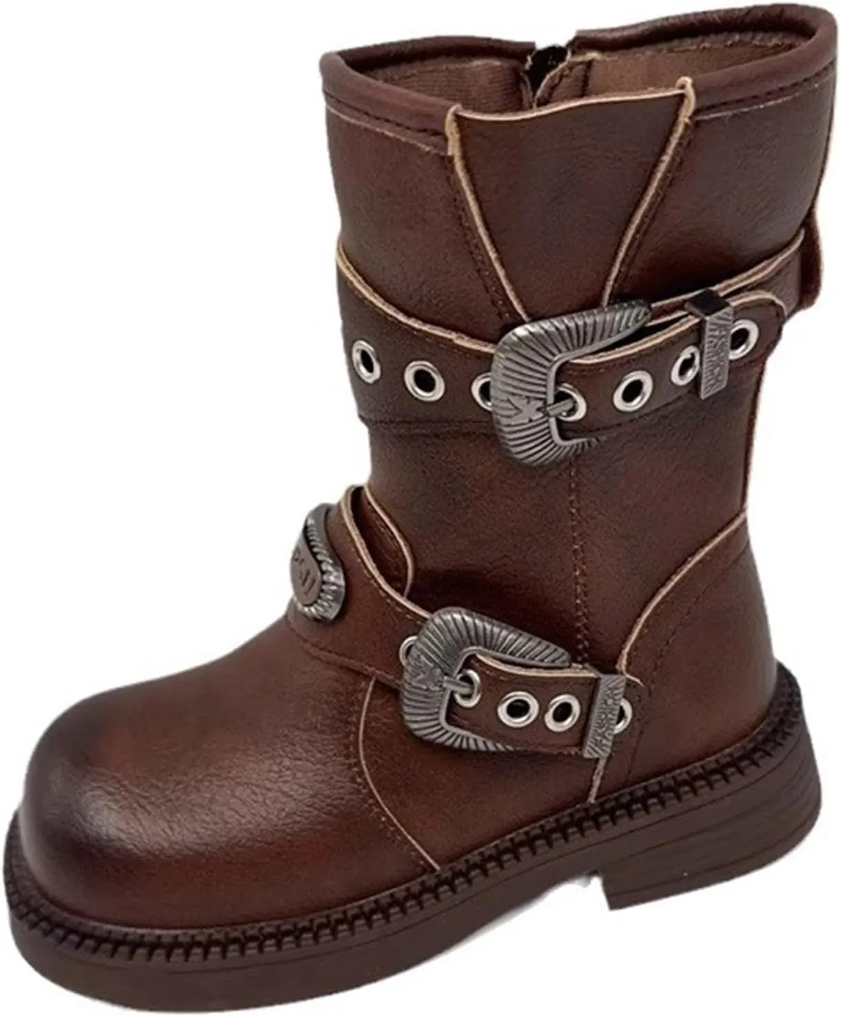 Retro Mid Calf Boots for Girls Big Kids Cowboy Shoes Classic Low Heel Buckles Biker Riding Booties with Zipper