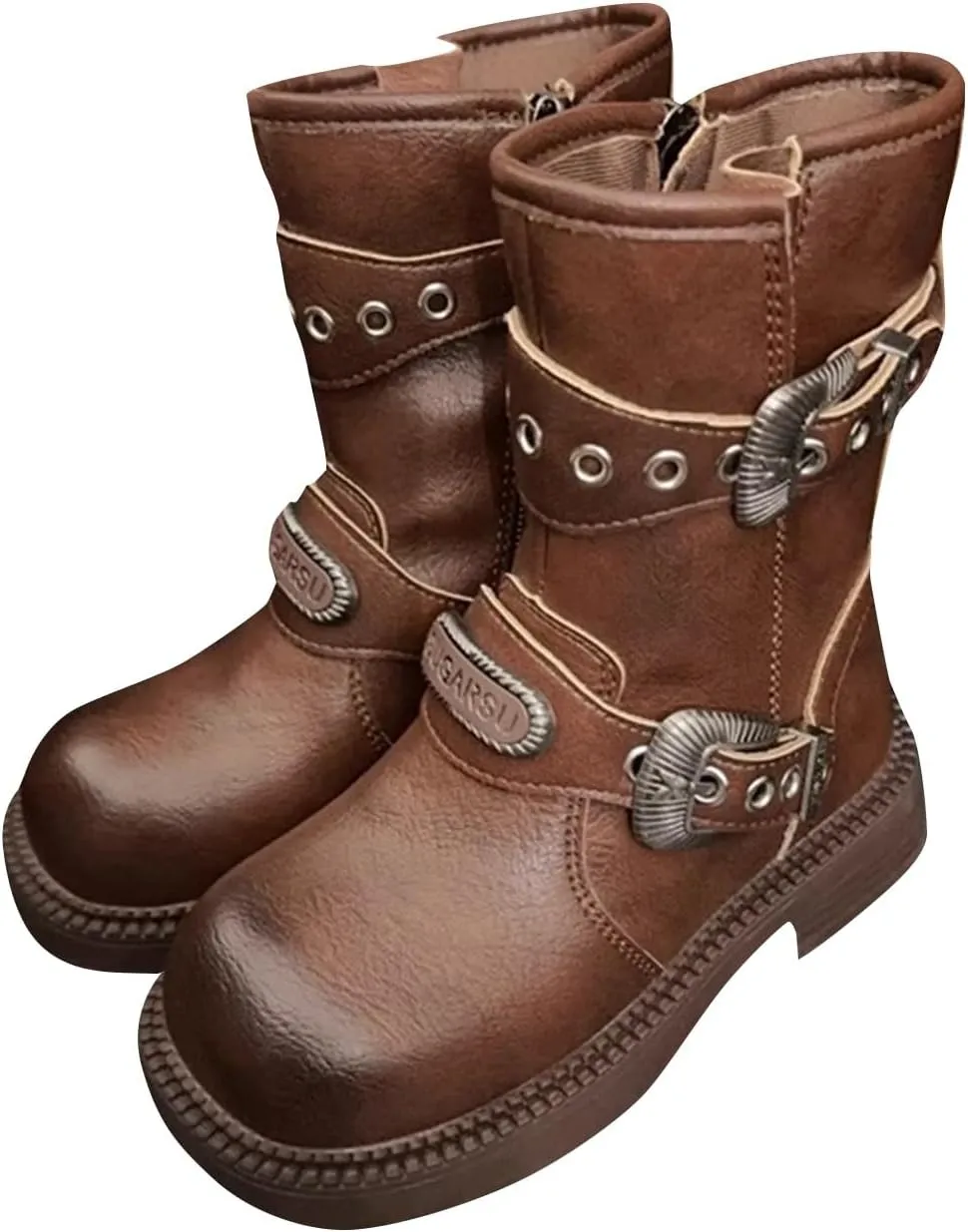 Retro Mid Calf Boots for Girls Big Kids Cowboy Shoes Classic Low Heel Buckles Biker Riding Booties with Zipper