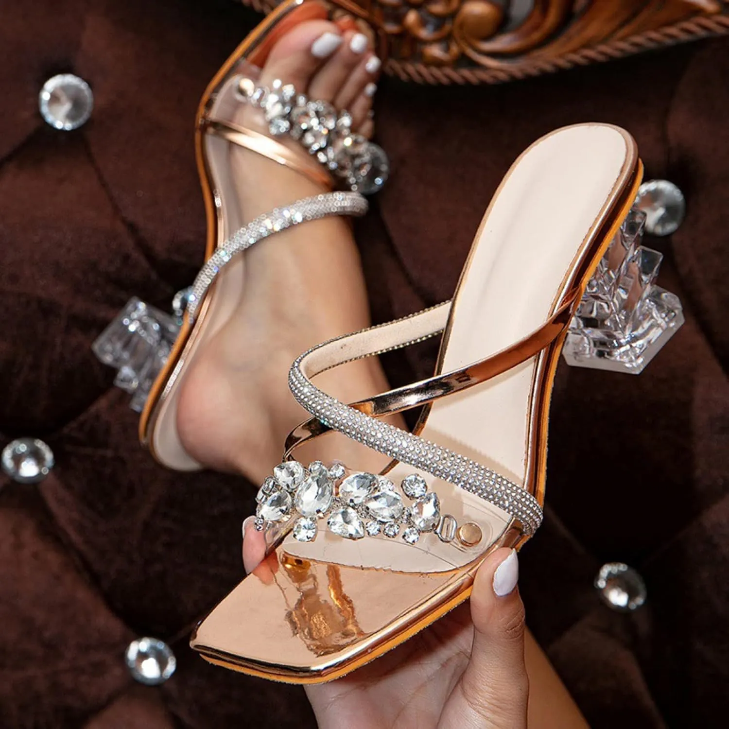 Sandal Heel Womens Sparkly Heels Sandals for Women Ankle Strap Tall Thick Heel Comfortable Walking Daily Wear