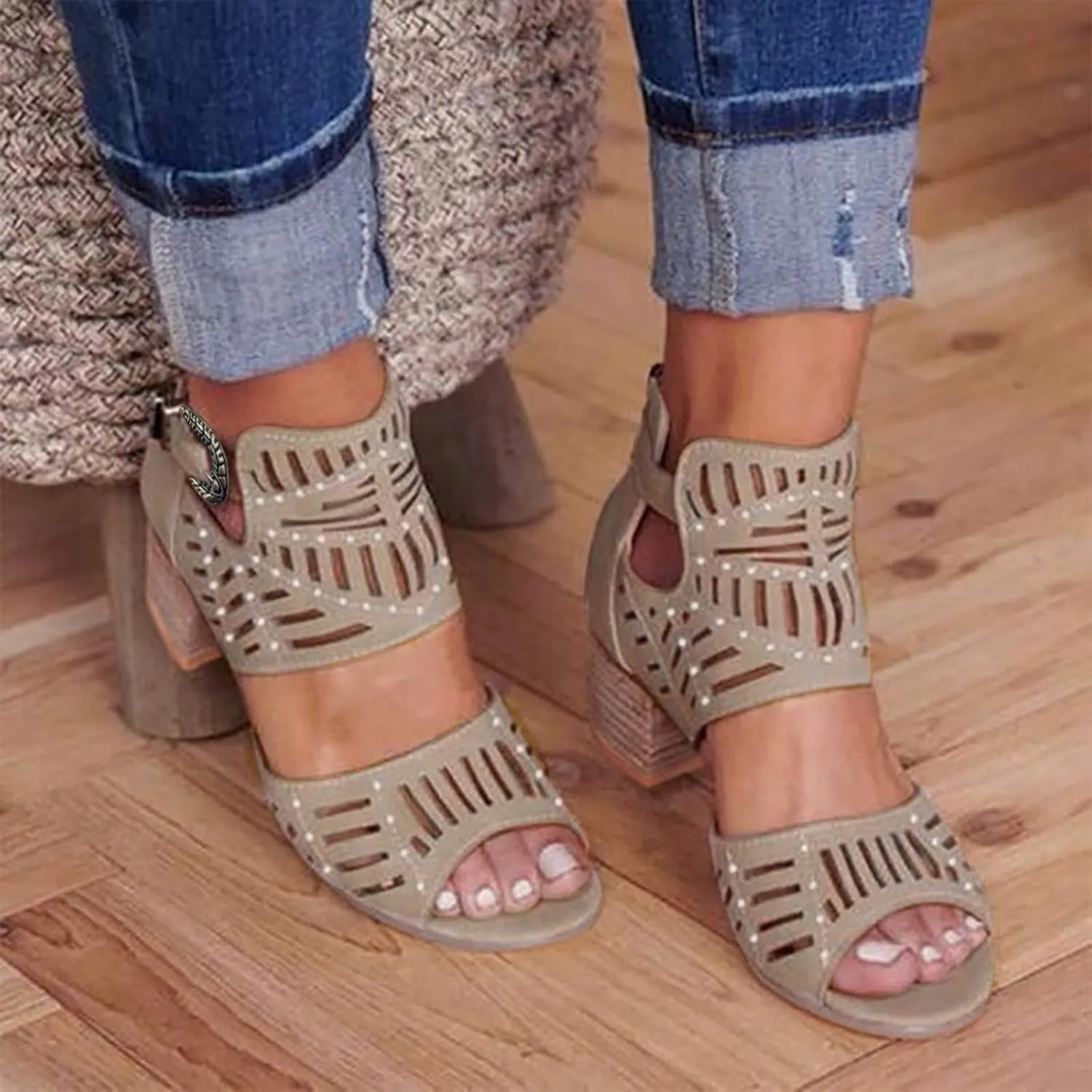 Sandal Heels for Women Open Toe Ankle Strap Stylish Heeled Sandals Beige Heels Women's Lace Up Heeled Sandals