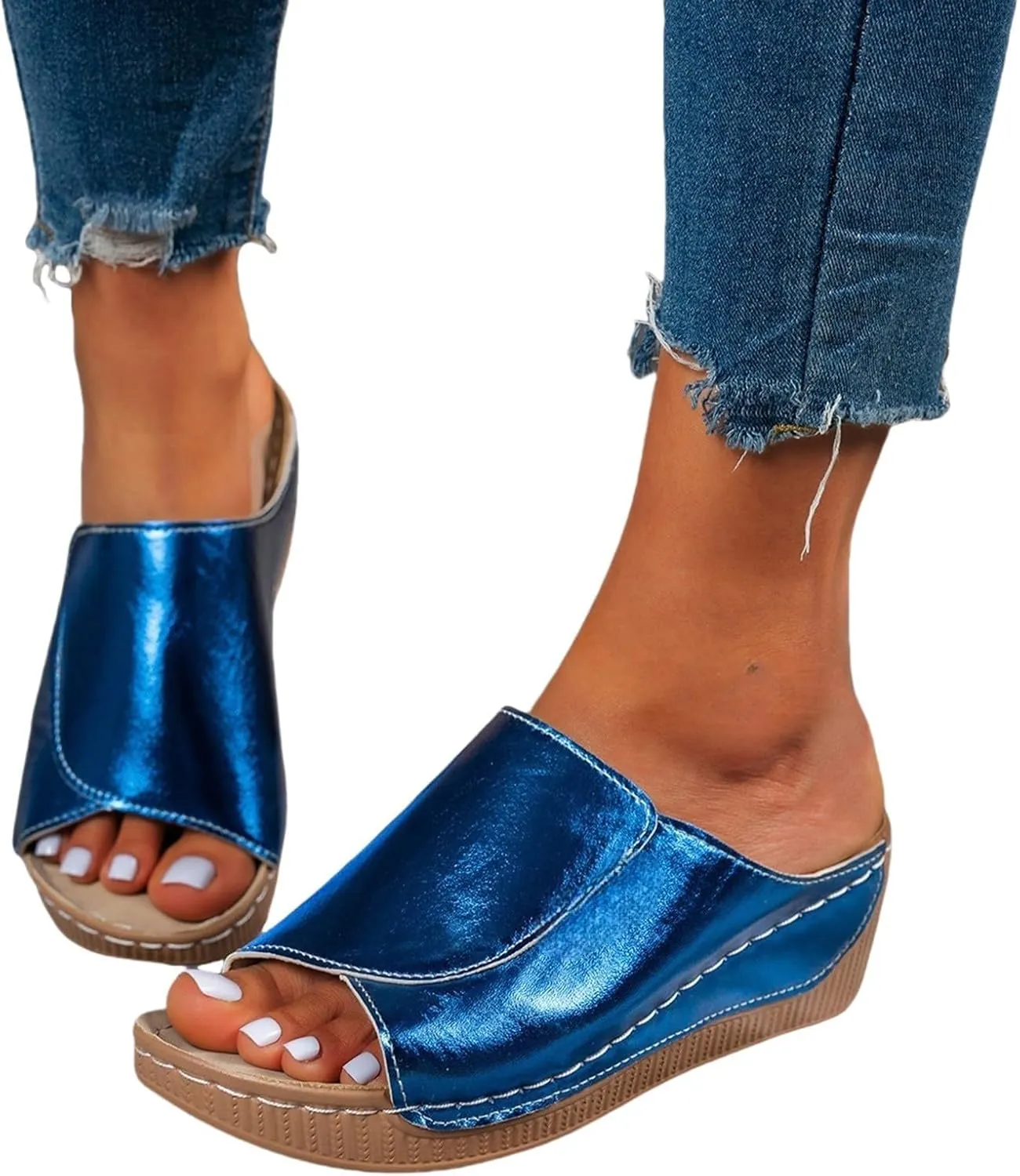 Sandals for Women 2025 Casual Width Wedge Sandals Summer Beach Vacation Breathable Orthopedic Walking Shoes Solid Color Trendy Dress Sandal Platform Slippers Shoes 2025