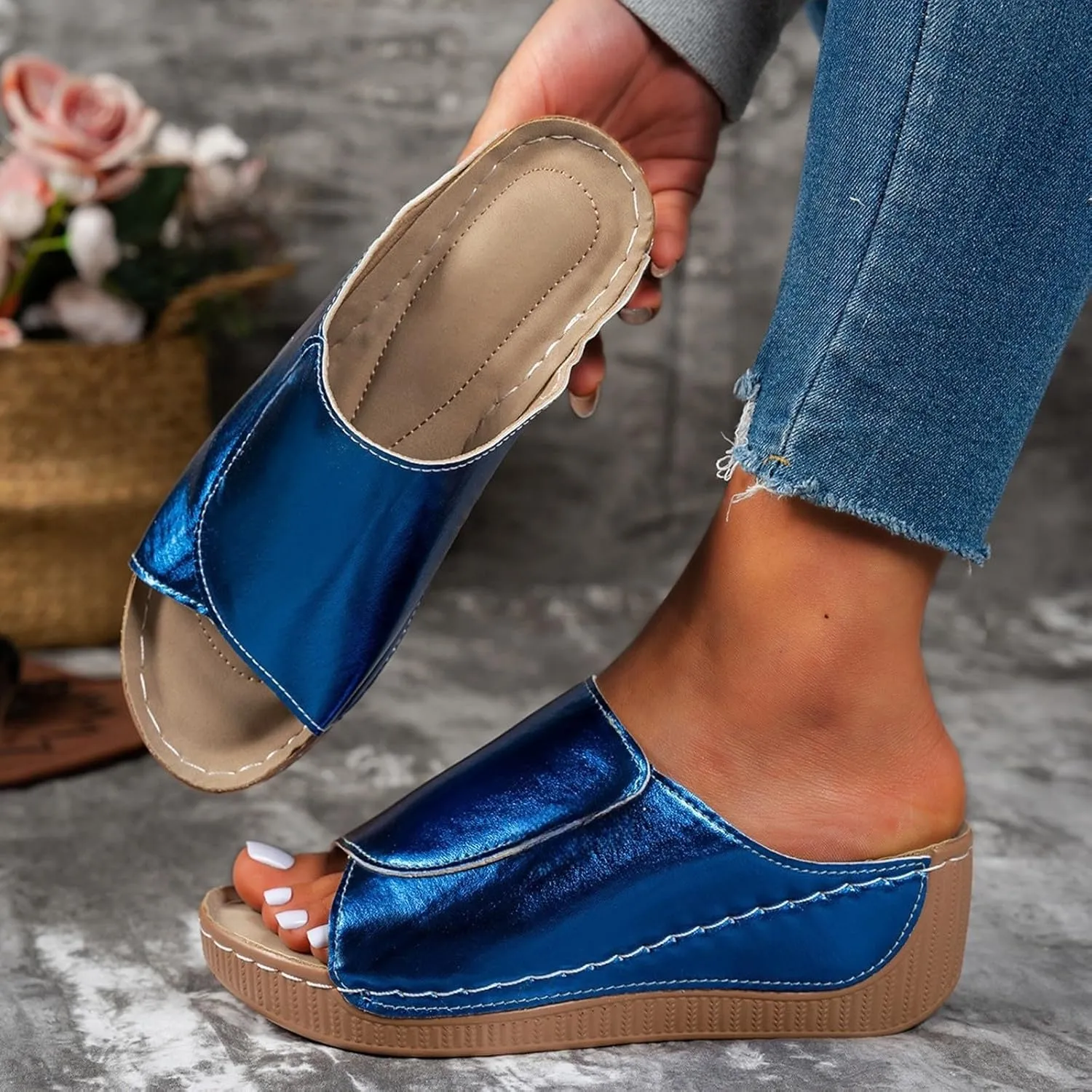 Sandals for Women 2025 Casual Width Wedge Sandals Summer Beach Vacation Breathable Orthopedic Walking Shoes Solid Color Trendy Dress Sandal Platform Slippers Shoes 2025