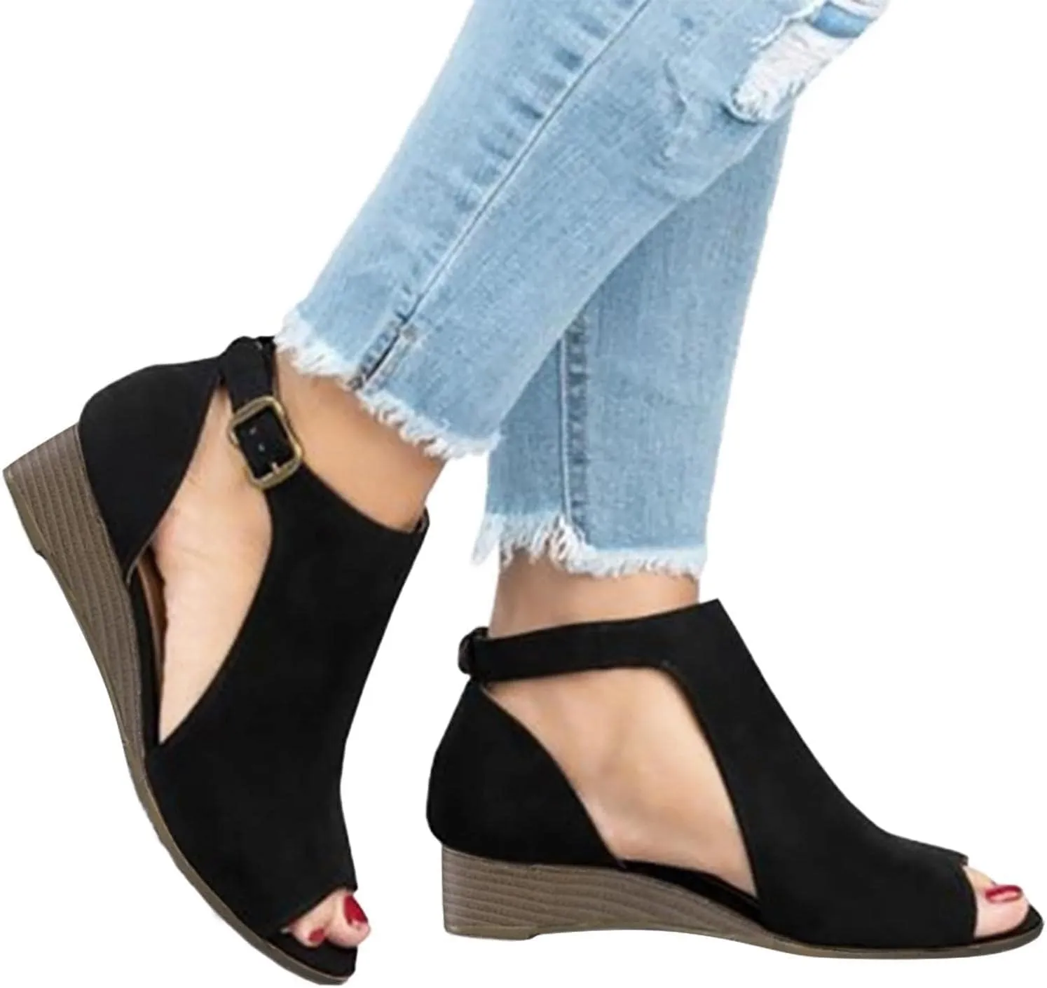 Sandals for Women 2025 Open Toe Fish Mouth Shoes Adjustable Ankle Strap Buckle Sandal Vegan Suede Cutout Roman Shoes Summer Platform Arch Support Sandals