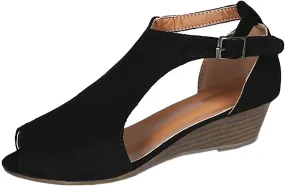 Sandals for Women 2025 Open Toe Fish Mouth Shoes Adjustable Ankle Strap Buckle Sandal Vegan Suede Cutout Roman Shoes Summer Platform Arch Support Sandals