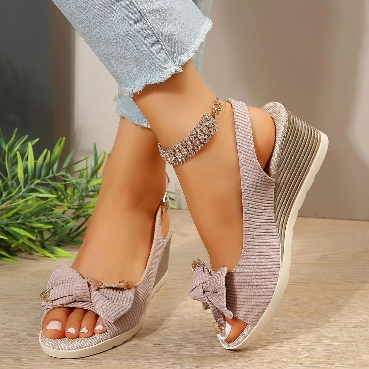 Sandals for Women 2025 Summer Solid Bow Orthopedic Sandals Buckle Wedge Heel Thick Sole Sandal with Arch Support Casual Open Toe Boho Beach Shoes Slip on Sandal 2025