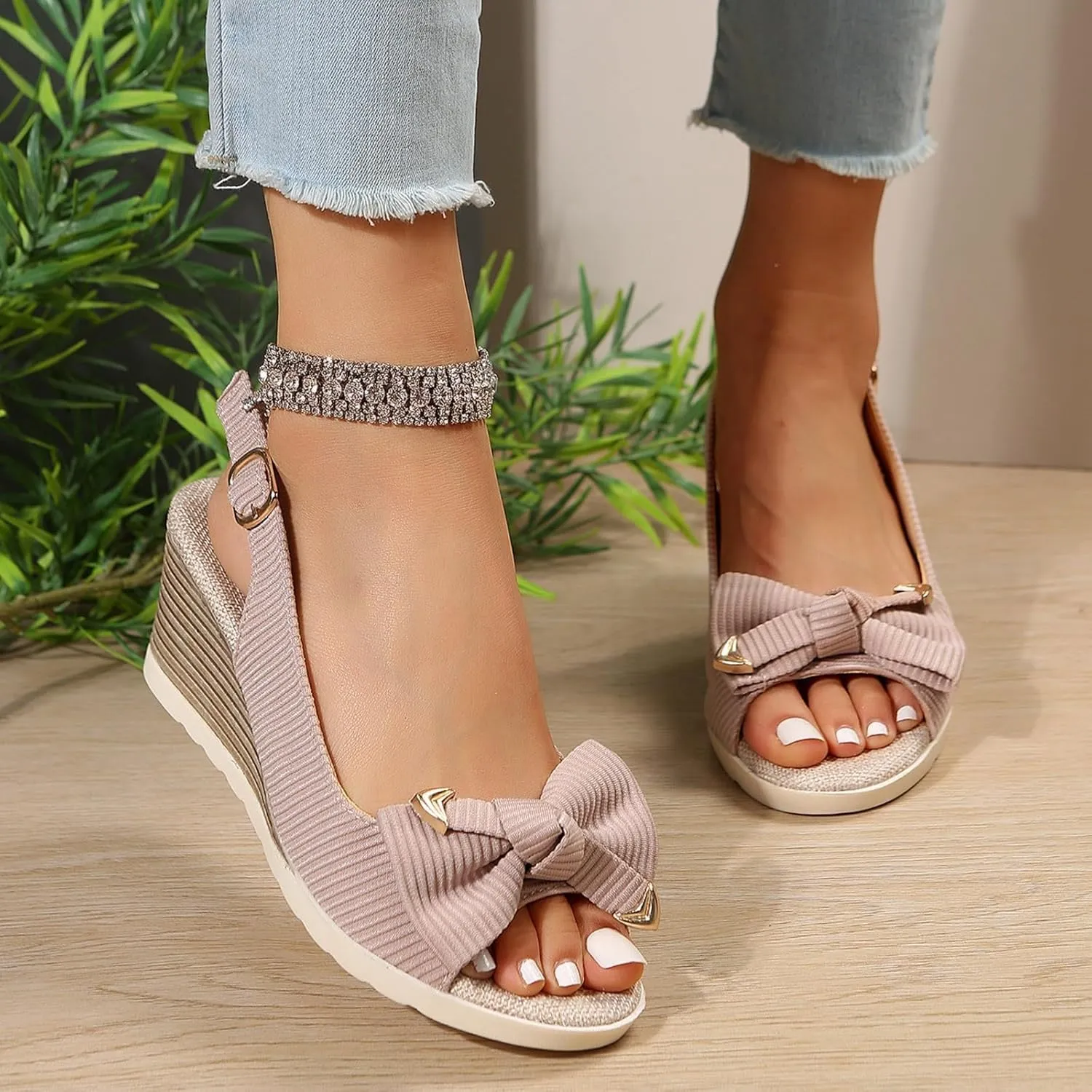 Sandals for Women 2025 Summer Solid Bow Orthopedic Sandals Buckle Wedge Heel Thick Sole Sandal with Arch Support Casual Open Toe Boho Beach Shoes Slip on Sandal 2025