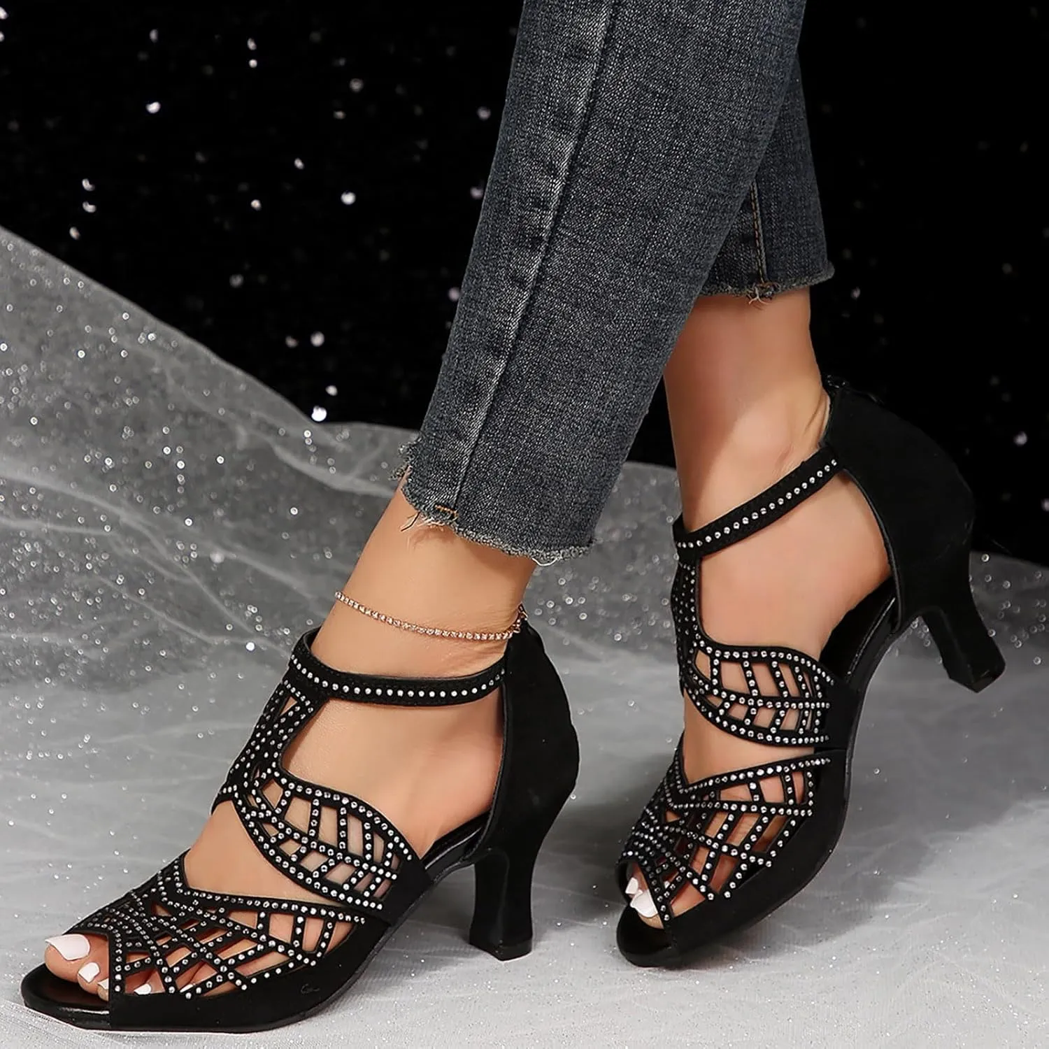 Sandals For Women Zip Back Rhinestone Cutout Open Toe Dance Shoes Heels Wedding Sandals for Women Wide Width