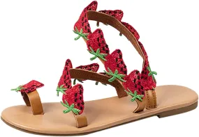 Sandals Women Summer Strawberry Decoration Flock Slip On Casual Open Toe Flat Soft Womens Shoes Casual Wedge Sandals