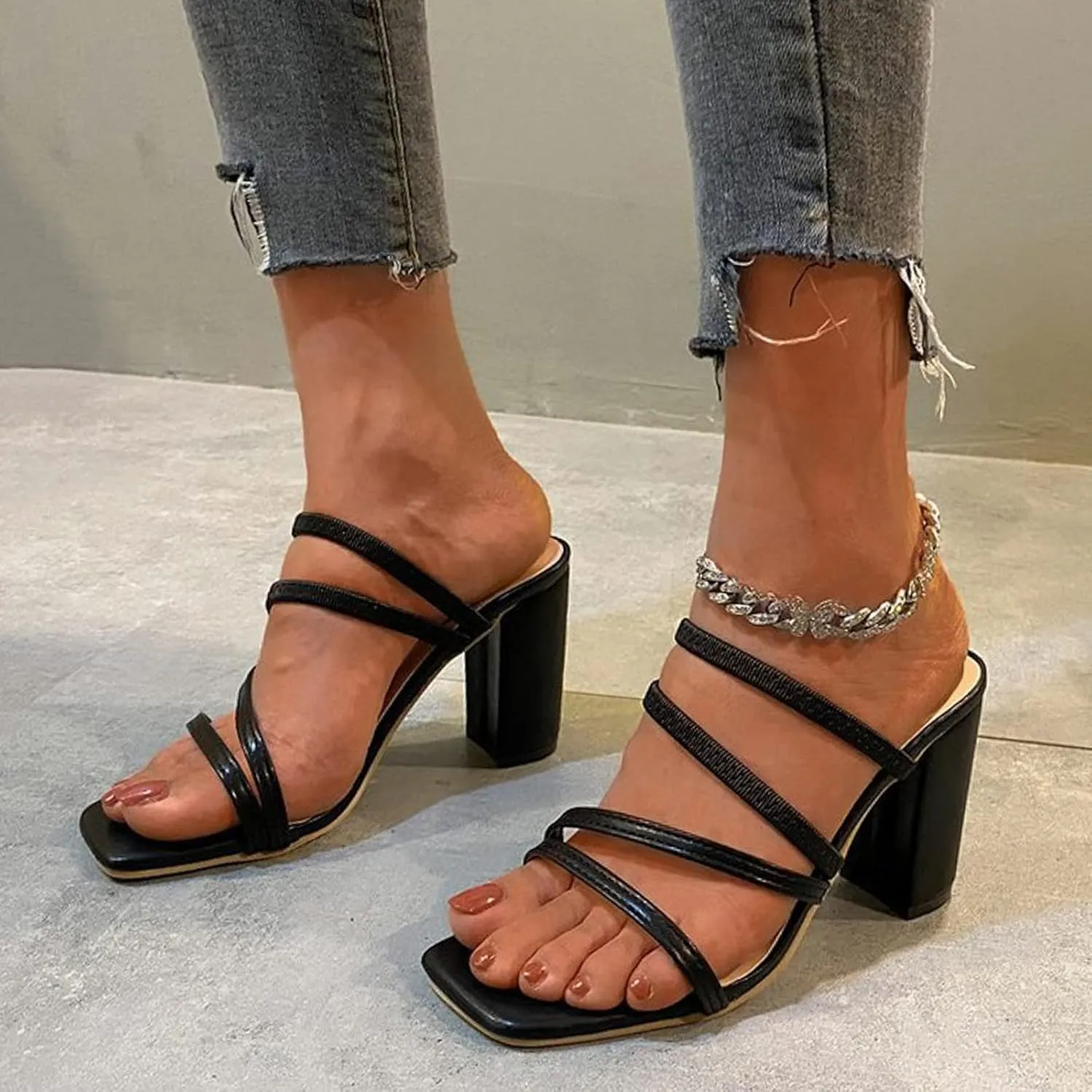 Sandals Women's Square Open Toe Heeled Sandals Mules Slip On Block Chunky Mid Heels Sandals Slide Retro
