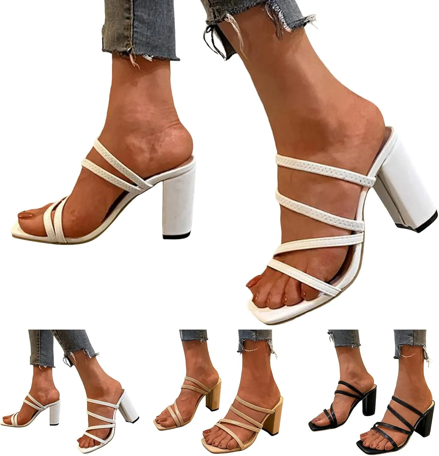 Sandals Women's Square Open Toe Heeled Sandals Mules Slip On Block Chunky Mid Heels Sandals Slide Retro