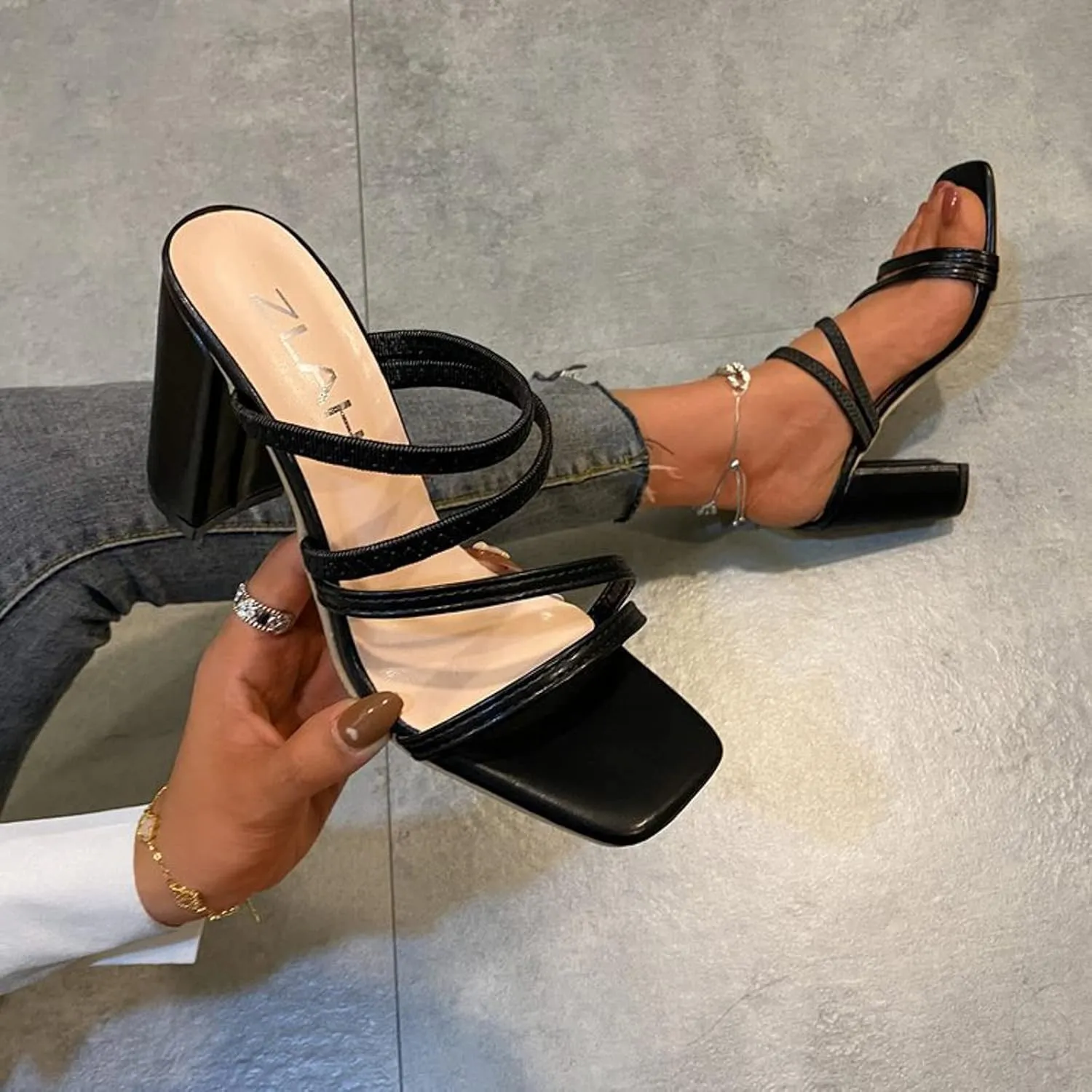Sandals Women's Square Open Toe Heeled Sandals Mules Slip On Block Chunky Mid Heels Sandals Slide Retro