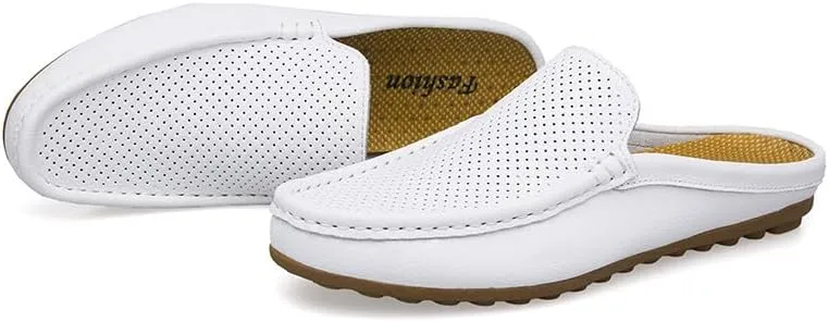 Santimon Men's Classic Leather Slippers Casual Office House Slip On Backless Loafers Breathable Perforated Mules for Men