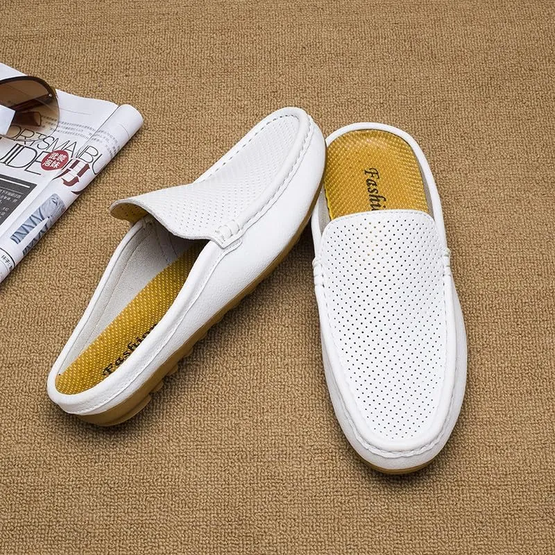 Santimon Men's Classic Leather Slippers Casual Office House Slip On Backless Loafers Breathable Perforated Mules for Men