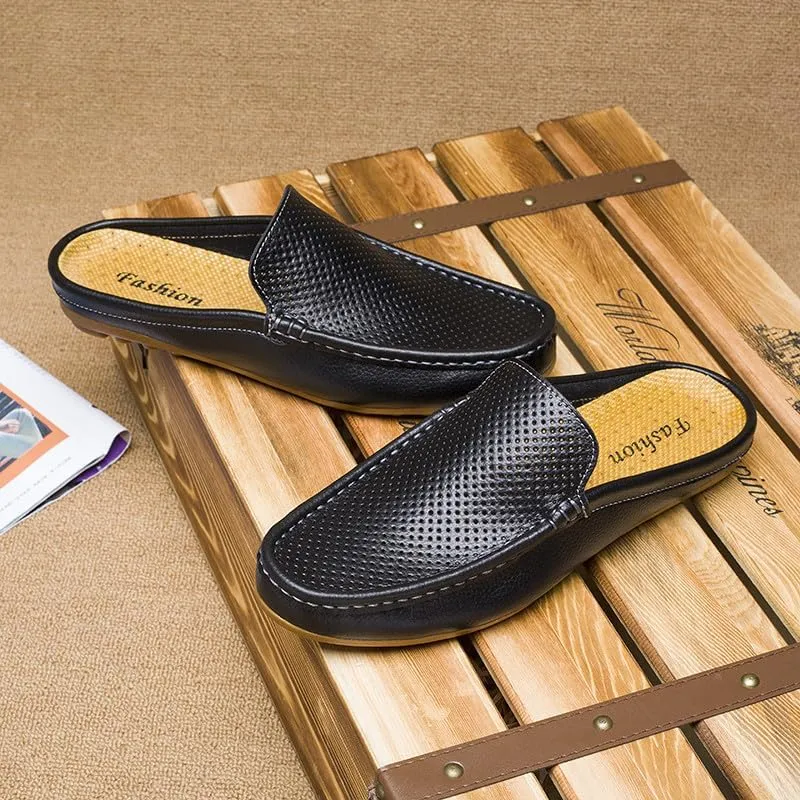 Santimon Men's Classic Leather Slippers Casual Office House Slip On Backless Loafers Breathable Perforated Mules for Men