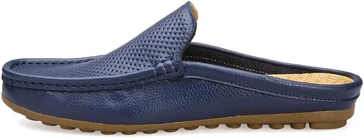 Santimon Men's Classic Leather Slippers Casual Office House Slip On Backless Loafers Breathable Perforated Mules for Men