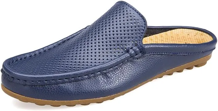 Santimon Men's Classic Leather Slippers Casual Office House Slip On Backless Loafers Breathable Perforated Mules for Men