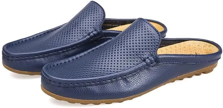 Santimon Men's Classic Leather Slippers Casual Office House Slip On Backless Loafers Breathable Perforated Mules for Men