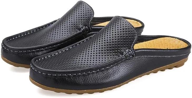 Santimon Men's Classic Leather Slippers Casual Office House Slip On Backless Loafers Breathable Perforated Mules for Men