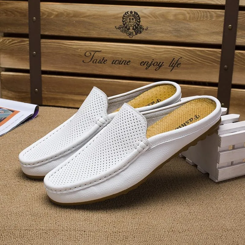 Santimon Men's Classic Leather Slippers Casual Office House Slip On Backless Loafers Breathable Perforated Mules for Men
