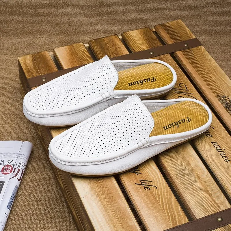 Santimon Men's Classic Leather Slippers Casual Office House Slip On Backless Loafers Breathable Perforated Mules for Men