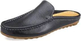 Santimon Men's Classic Leather Slippers Casual Office House Slip On Backless Loafers Breathable Perforated Mules for Men