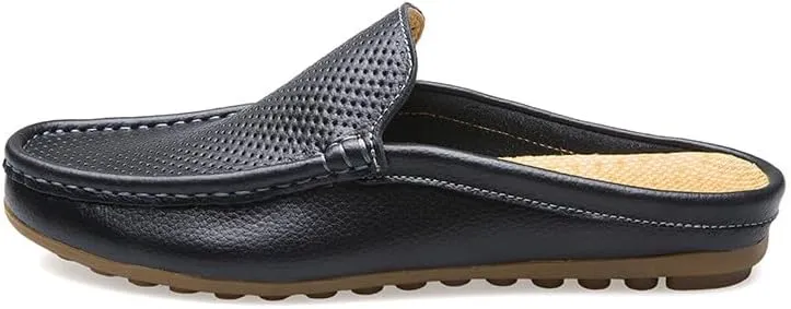 Santimon Men's Classic Leather Slippers Casual Office House Slip On Backless Loafers Breathable Perforated Mules for Men