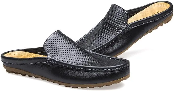 Santimon Men's Classic Leather Slippers Casual Office House Slip On Backless Loafers Breathable Perforated Mules for Men