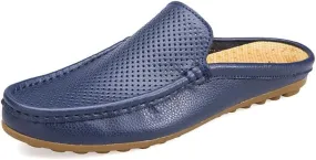 Santimon Men's Classic Leather Slippers Casual Office House Slip On Backless Loafers Breathable Perforated Mules for Men