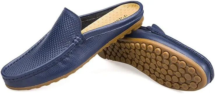 Santimon Men's Classic Leather Slippers Casual Office House Slip On Backless Loafers Breathable Perforated Mules for Men