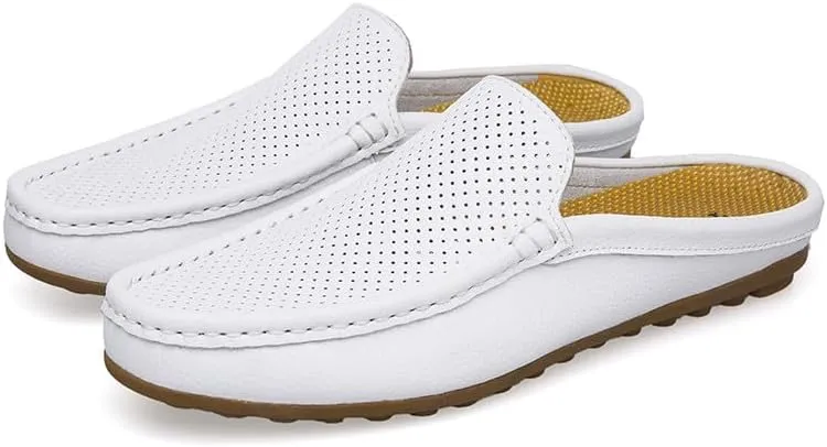 Santimon Men's Classic Leather Slippers Casual Office House Slip On Backless Loafers Breathable Perforated Mules for Men