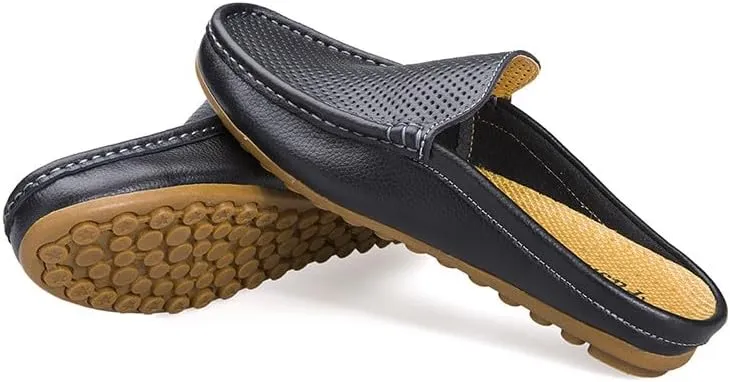 Santimon Men's Classic Leather Slippers Casual Office House Slip On Backless Loafers Breathable Perforated Mules for Men
