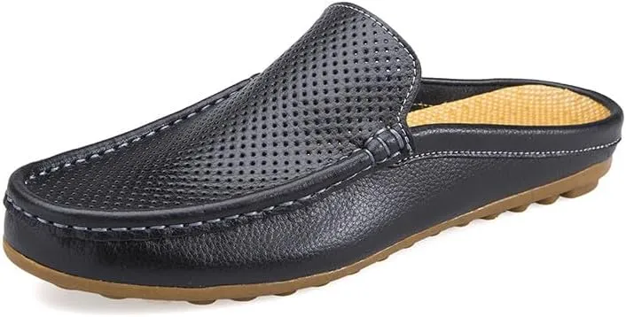 Santimon Men's Classic Leather Slippers Casual Office House Slip On Backless Loafers Breathable Perforated Mules for Men