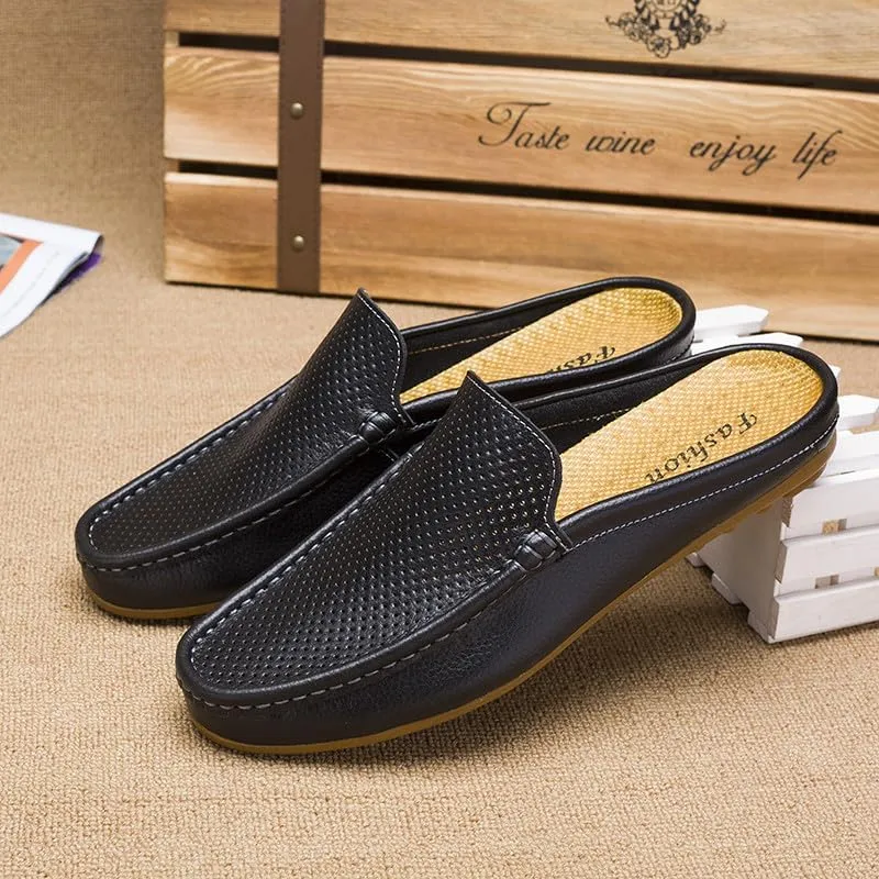 Santimon Men's Classic Leather Slippers Casual Office House Slip On Backless Loafers Breathable Perforated Mules for Men