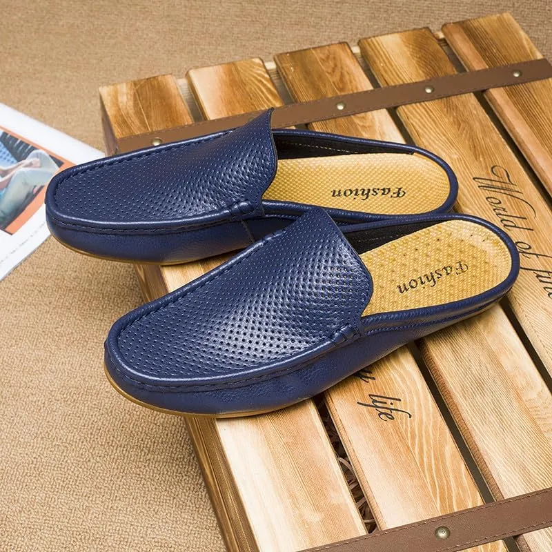 Santimon Men's Classic Leather Slippers Casual Office House Slip On Backless Loafers Breathable Perforated Mules for Men