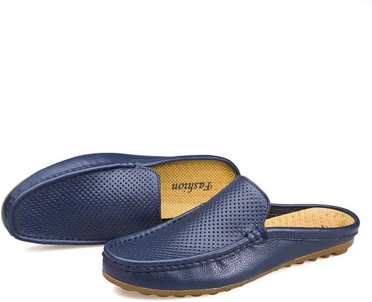 Santimon Men's Classic Leather Slippers Casual Office House Slip On Backless Loafers Breathable Perforated Mules for Men
