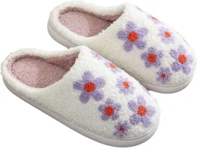 Sinzelimin Women's Fuzzy Scuff Slippers Cute Flower Embroidered Flip Flop Shoes Indoor Outdoor Non-slip Warm Slip-on Slippers