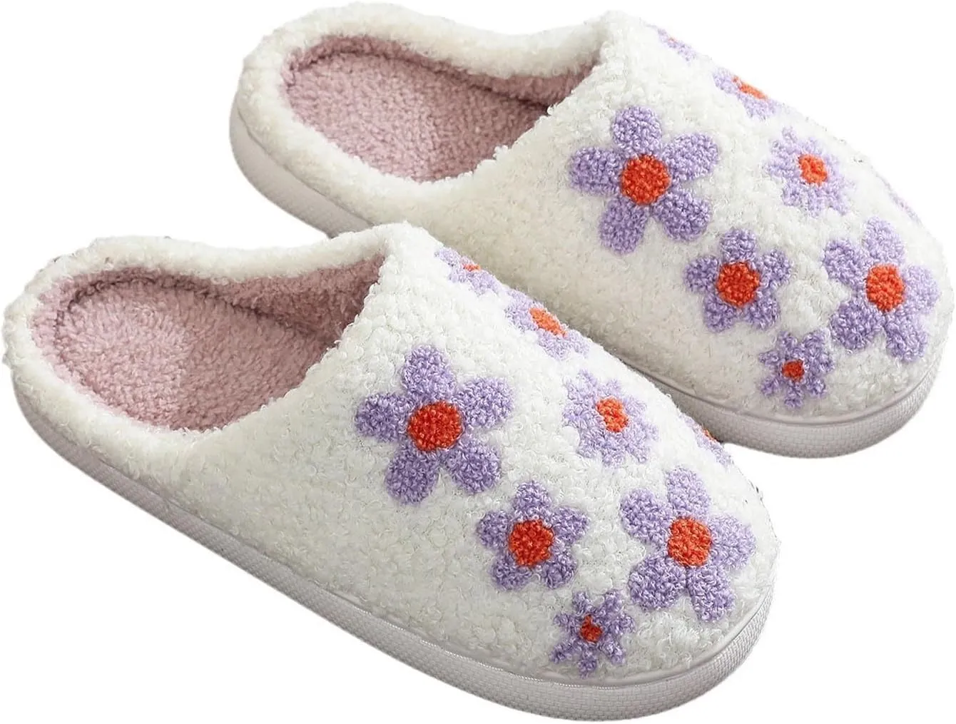 Sinzelimin Women's Fuzzy Scuff Slippers Cute Flower Embroidered Flip Flop Shoes Indoor Outdoor Non-slip Warm Slip-on Slippers