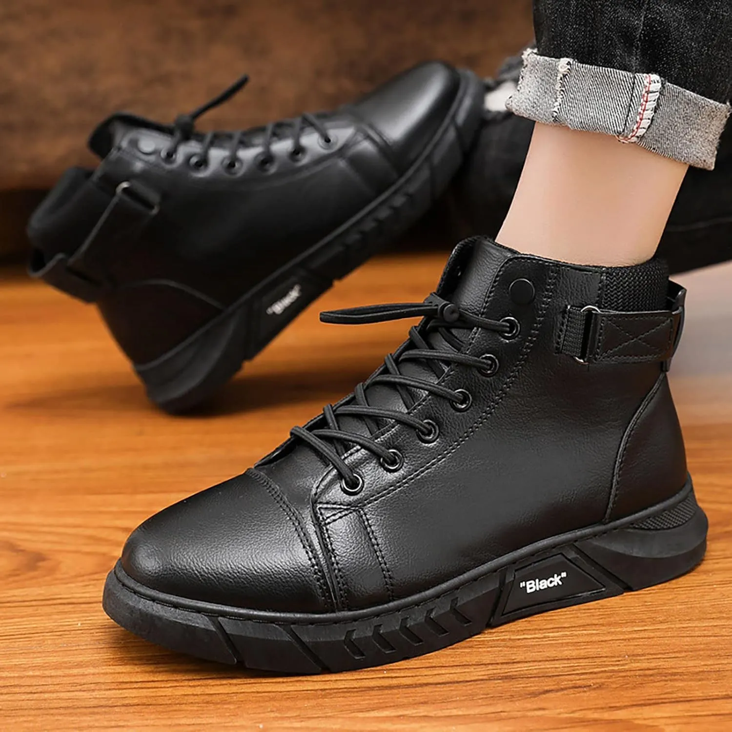 Slip on Walking Shoes Men PU Leather Comfortable Memory Foam Breathable Fashion High Top Sneakers Non Slip Indoor Outdoor Athletic Running Shoes