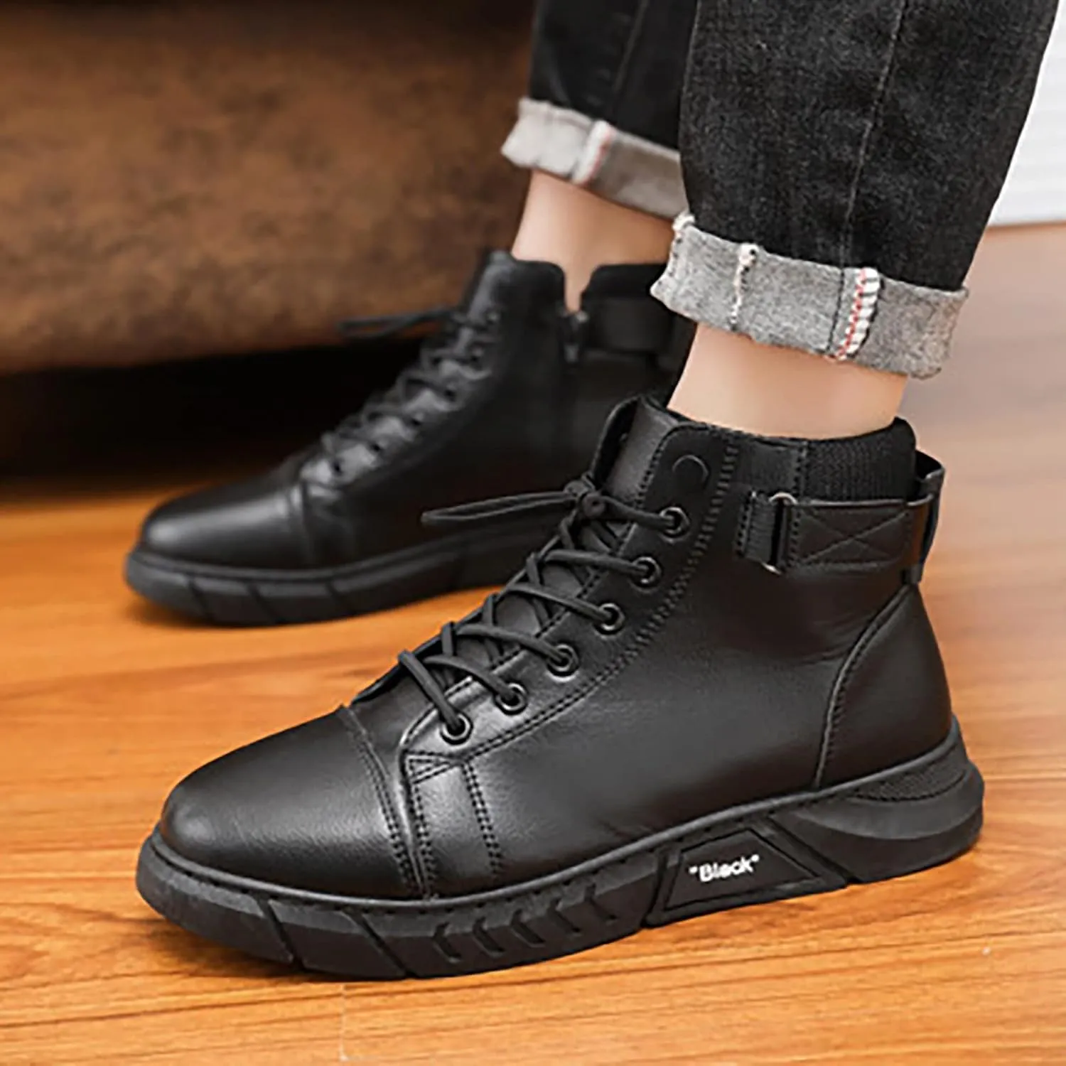 Slip on Walking Shoes Men PU Leather Comfortable Memory Foam Breathable Fashion High Top Sneakers Non Slip Indoor Outdoor Athletic Running Shoes