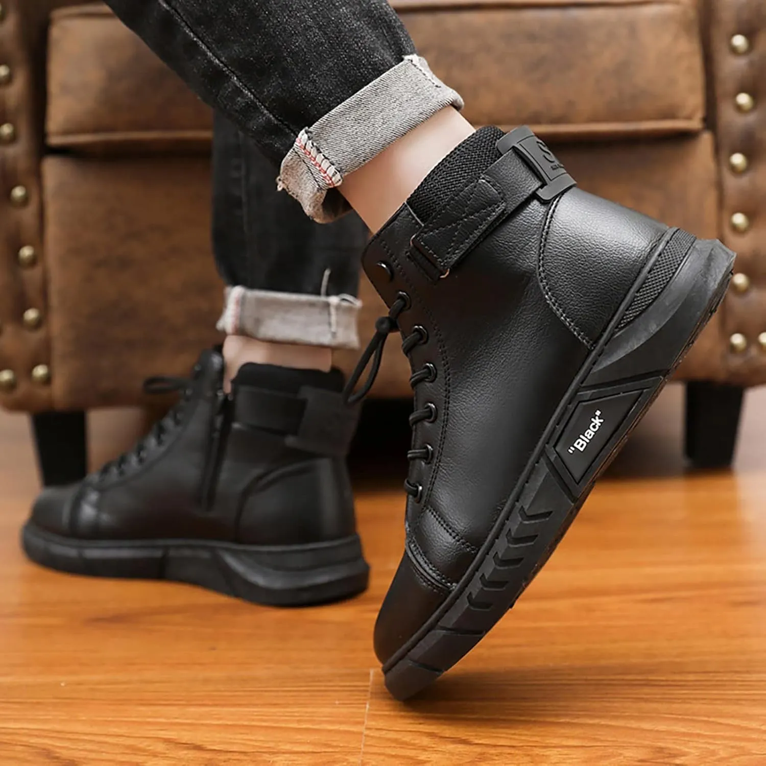 Slip on Walking Shoes Men PU Leather Comfortable Memory Foam Breathable Fashion High Top Sneakers Non Slip Indoor Outdoor Athletic Running Shoes