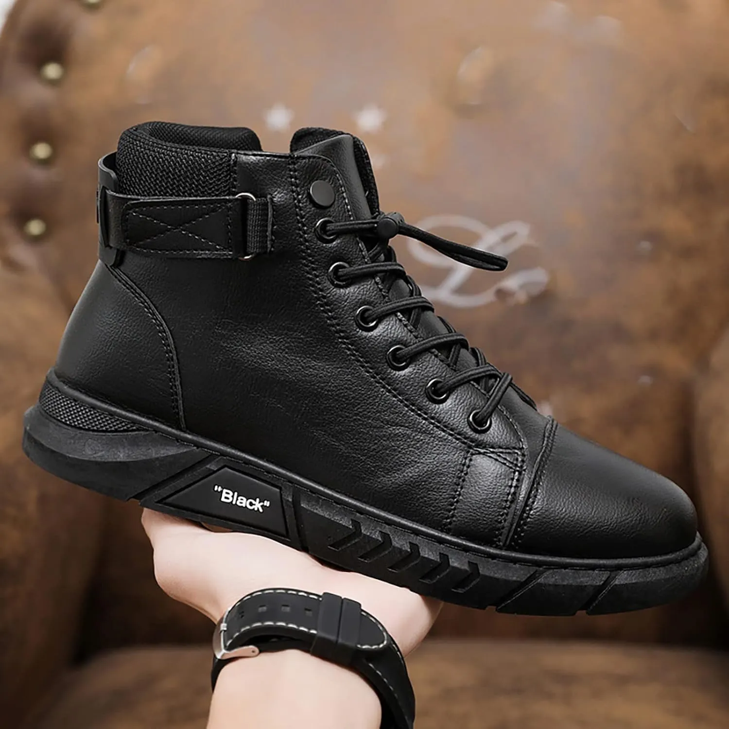 Slip on Walking Shoes Men PU Leather Comfortable Memory Foam Breathable Fashion High Top Sneakers Non Slip Indoor Outdoor Athletic Running Shoes